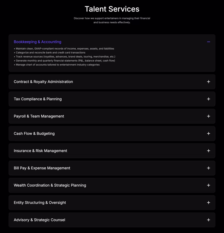 Talent Services, one open with its detail and nine closed underneath