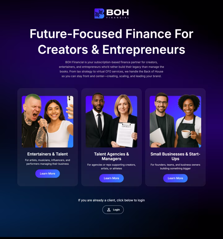 The BOH Financial home page in full, the headline, the three cards and the client login