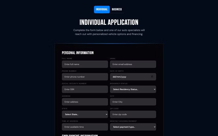 The shipped application, individual and business as two tabs with the co-signer folded away
