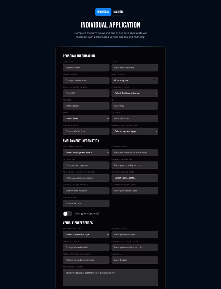The shipped application, individual and business as two tabs with the co-signer folded away