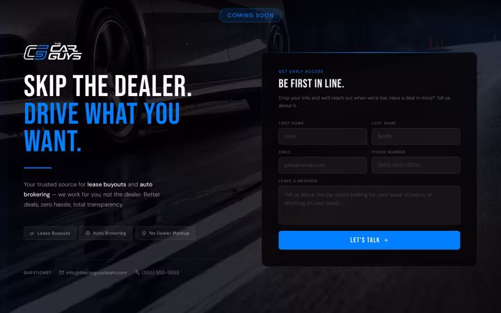 The coming soon page on desktop, with the waitlist form beside the headline