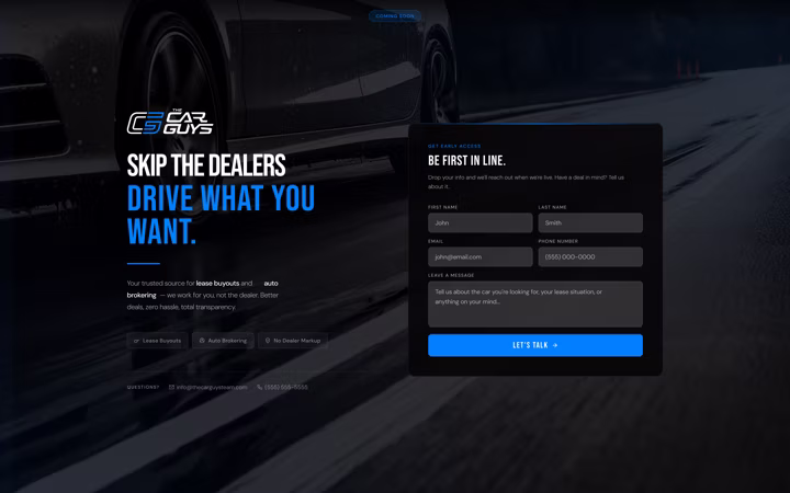 The coming soon page on desktop, with the waitlist form beside the headline