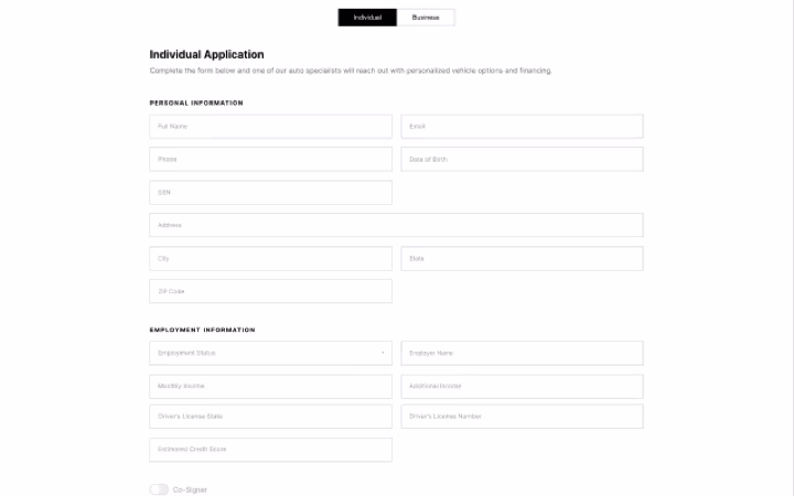 The application wireframe, with the form blocked out field by field