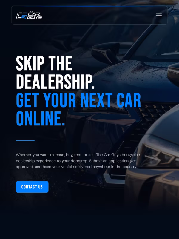 The home page at tablet width, the navigation collapsed to a menu
