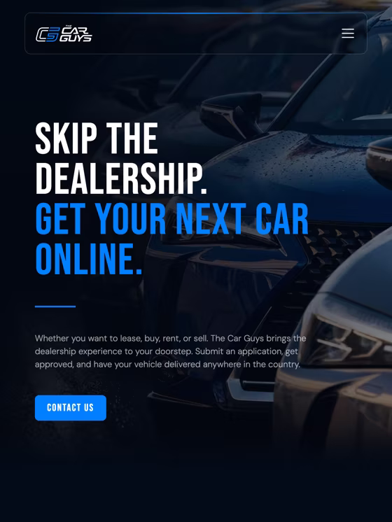 The home page at tablet width, the navigation collapsed to a menu