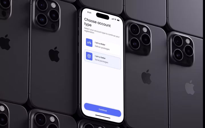 Choosing an account type, sender or rider, on the screen after the splash