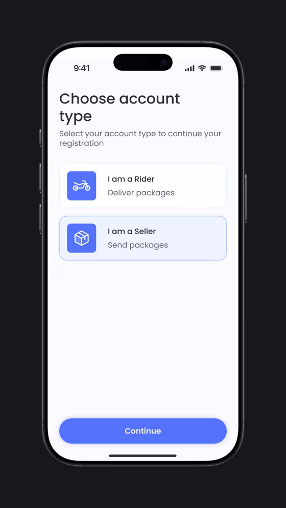 Choosing an account type, sender or rider, on the screen after the splash