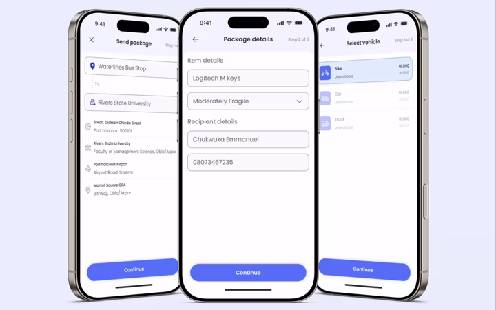 The send flow as three short screens: send package, package details, select vehicle