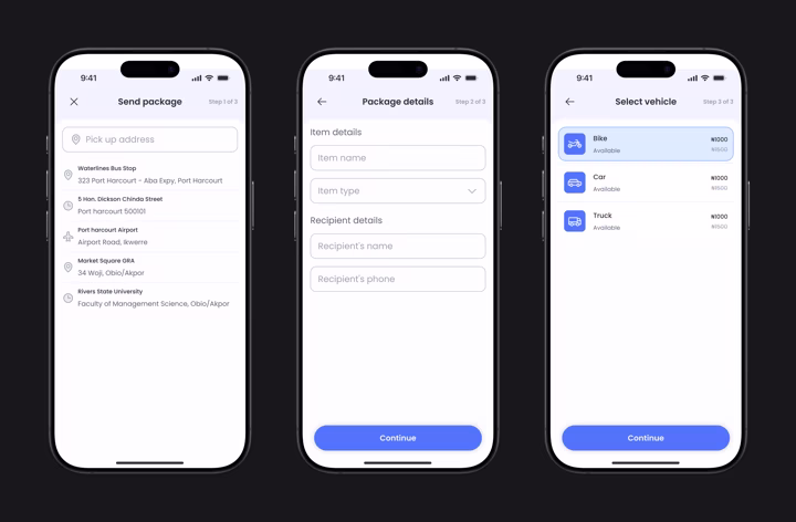 The send flow as three short screens: send package, package details, select vehicle