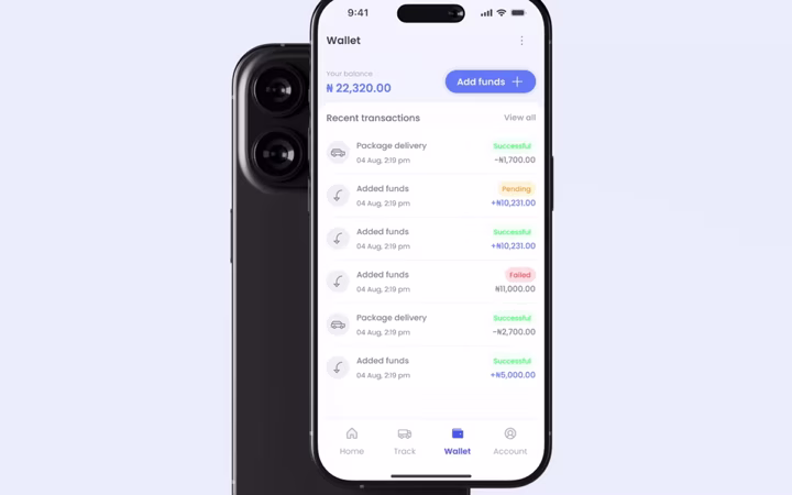 The wallet, with a balance, a top up, and a list of recent transactions