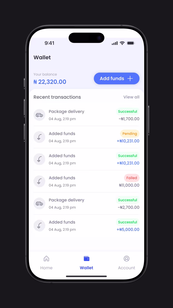 The wallet, with a balance, a top up, and a list of recent transactions