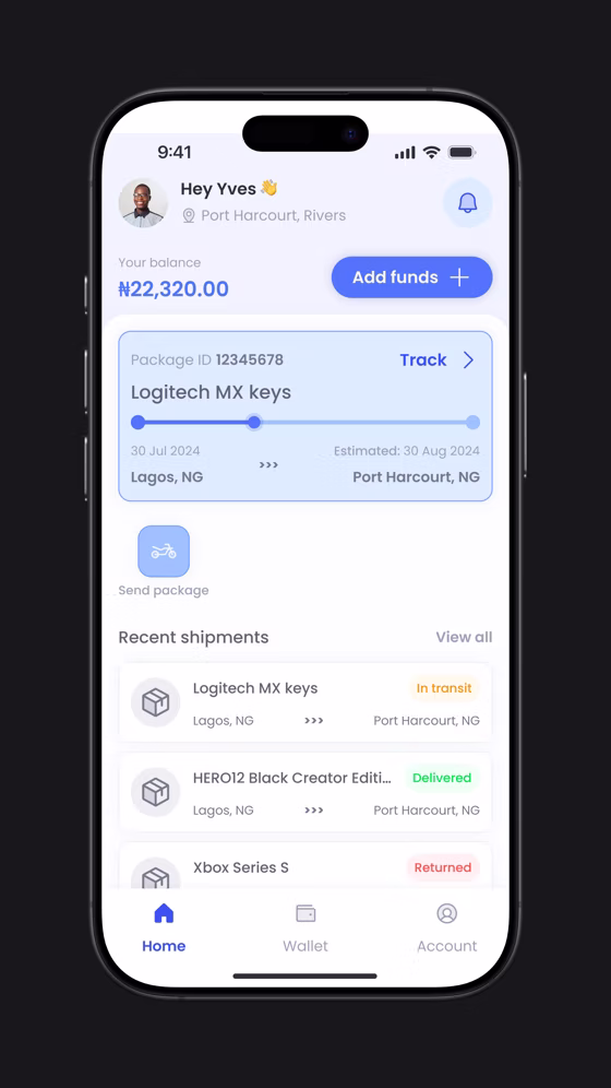 The sender dashboard, tracking and delivery in front