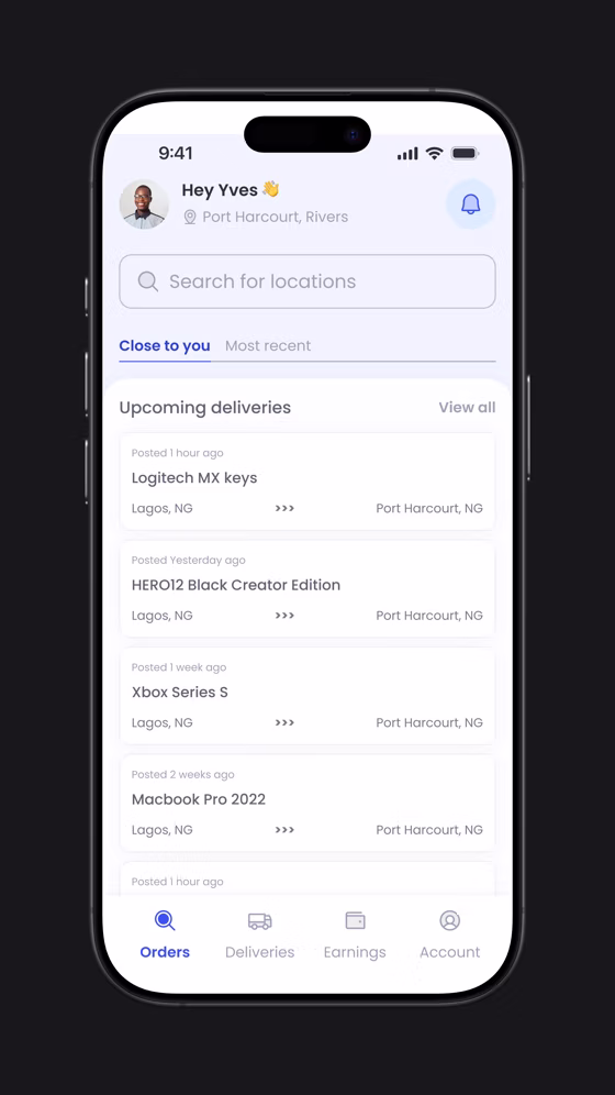 The rider dashboard, work close to you and upcoming deliveries