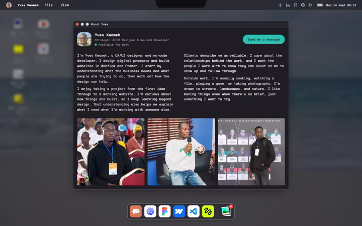 About Yves, the bio beside the looping portrait reel