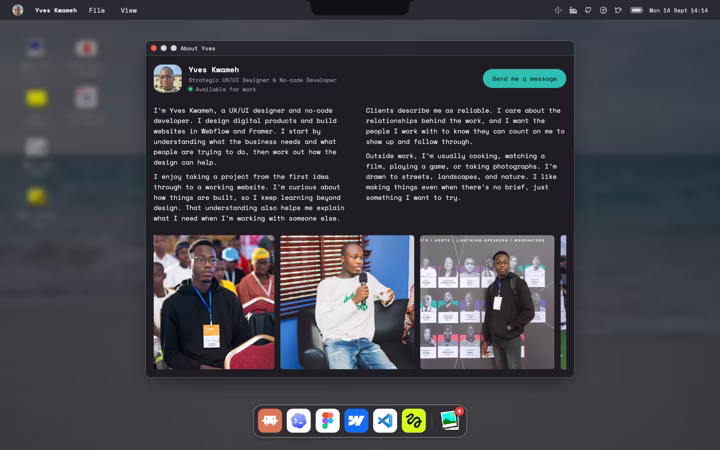 About Yves, the bio beside the looping portrait reel