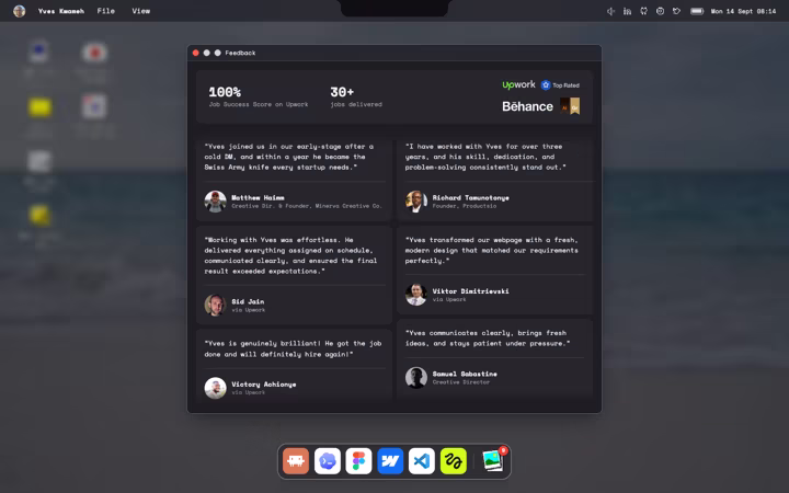 Feedback, client quotes scrolling past